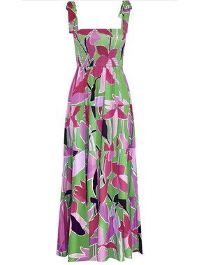 Women’s Purple Green Floral Summer Maxi Dress Spaghetti Strap Square Neck Size S